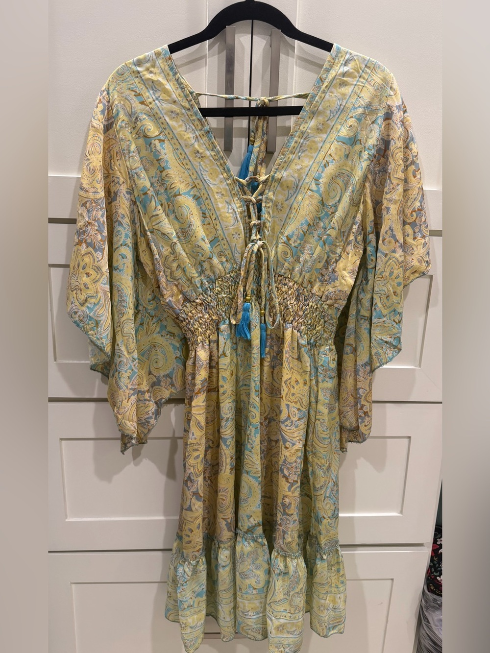 Paisley Tie-Front Boho Resort Mini Dress in Yellow & Teal with Gold Accents